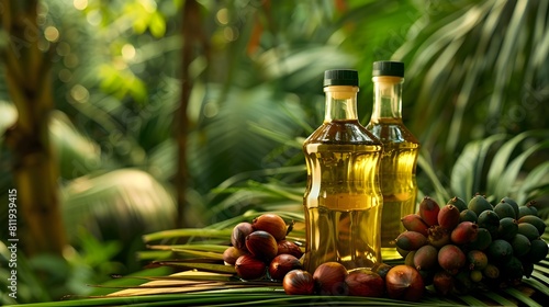 Sustainable Olive Oil Bottles on Tropical Foliage Background