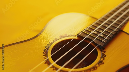 A vibrant yellow backdrop beautifully frames a close up shot of the intricate ukulele fretboard photo