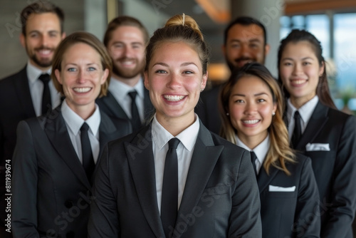 The hotel staff gathered for a cheerful group photo, showcasing their positive teamwork and dedication to excellent service. AI-generated.