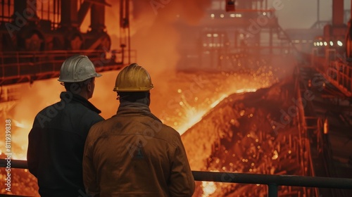 Two steelworkers in hard hats looking at a blast furnace Manufacturing industry, smelting, steel lathe a iron melter steel production in the factory 