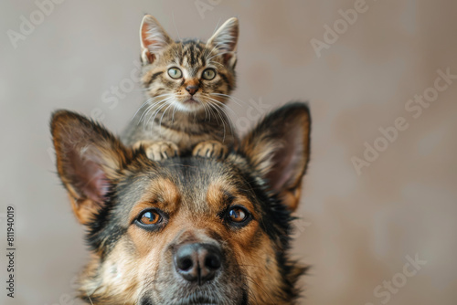 The joyful cat and dog showcase their strong bond as they frolic together, with the cat perched on the dog's head in a heartwarming pet portrait.