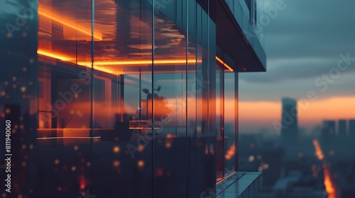 Radiant Glass Facade Mirroring Captivating Cityscape at Dusk