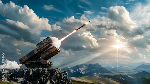 Patriot Missile Defense System Intercepting Ballistic Missile Over Dramatic Mountainous Landscape with High-Tech Radar Tracking