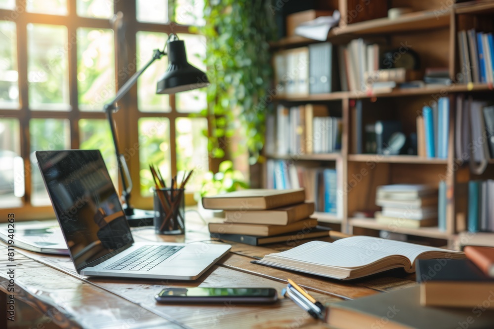 Home office empty white laptop screen on wooden table Home office empty white laptop screen on wooden table