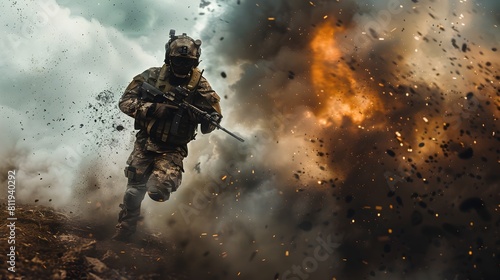 Soldier in Tactical Gear Throwing Grenade Towards Enemy Bunker in Smoke-Filled,War-Torn Landscape photo