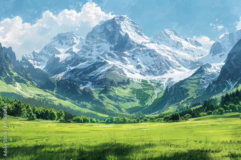 A lush, grassy valley overlooked by towering snow-capped peaks, depicted in a unique artistic style with textured brushstrokes, created using Generative AI technology.