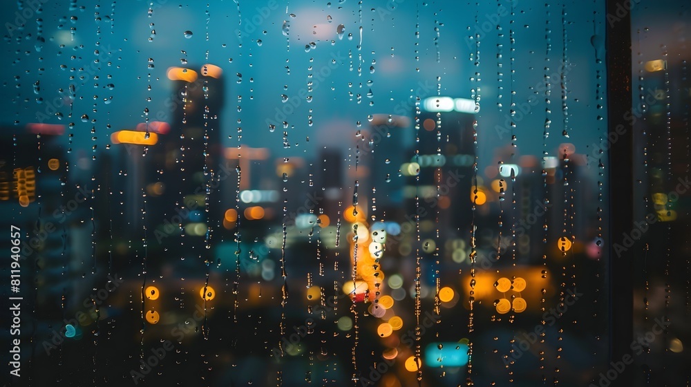 Rainy Cityscape Through Windowpane Creating Cozy Indoor Atmosphere