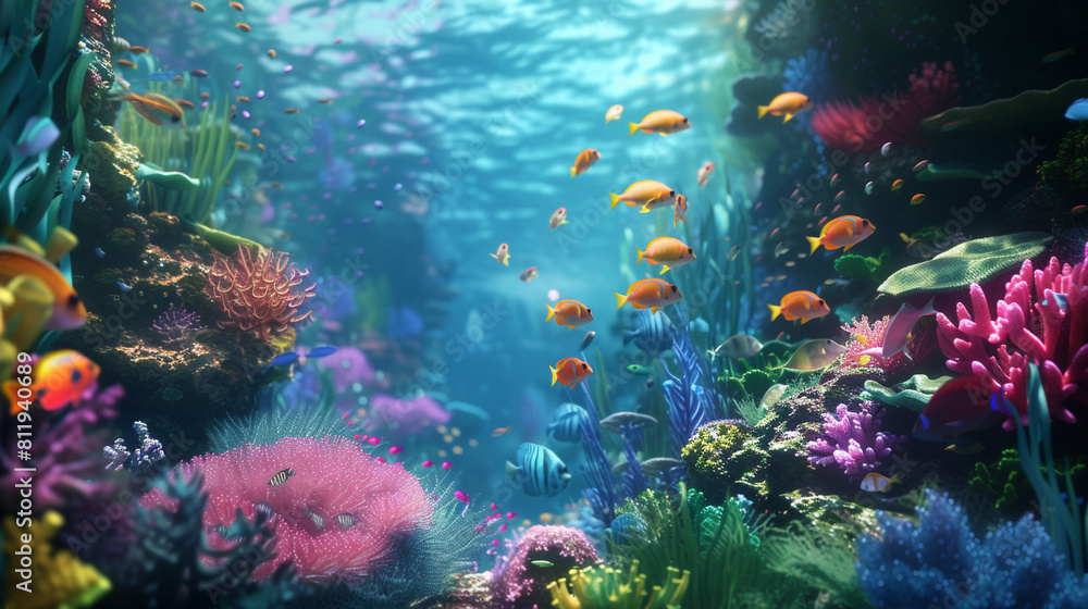 A cluster of vibrant coral reefs teeming with colorful fish beneath the crystal-clear waters.