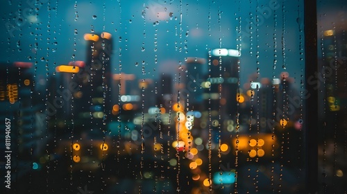 Rainy Cityscape Through Windowpane Creating Cozy Indoor Atmosphere