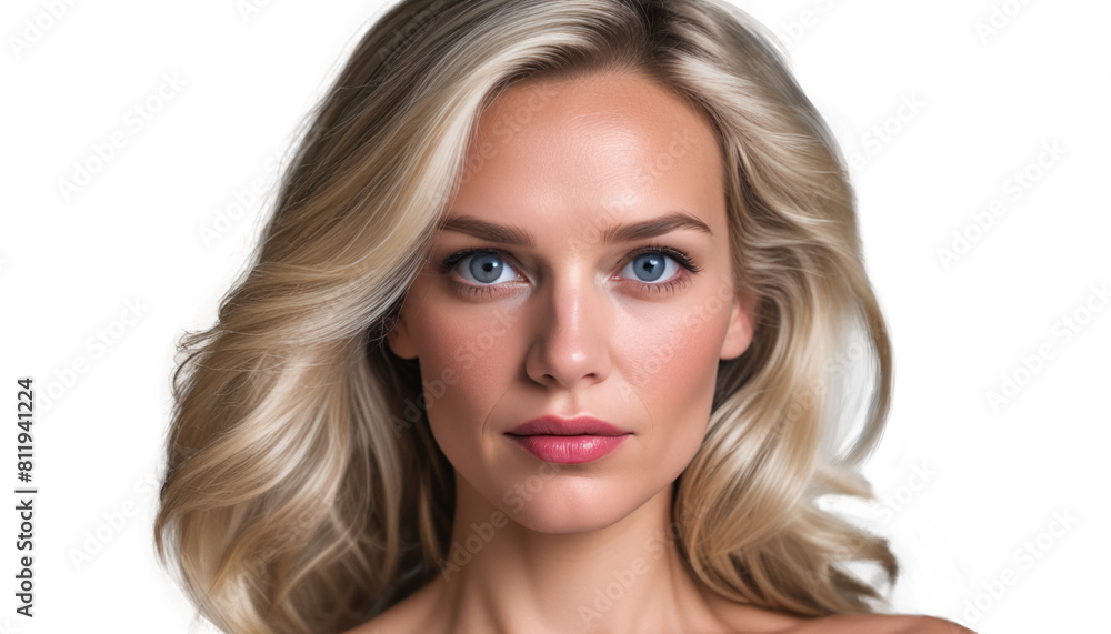 Woman with perfect skin closeup. Mature middle-aged woman blonde hair. Beauty care. Transparent background isolated png. Portrait, beauty, face, care, natural, glow, flawless. Concept of female skin Woman with perfect skin closeup. Mature middle-aged woman blonde hair. Beauty care. Transparent background isolated png. Portrait, beauty, face, care, natural, glow, flawless. Concept of female skin