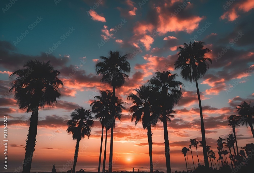 Tropical palm trees against a vibrant sunset sky in shades of pink and blue, AI-generated.