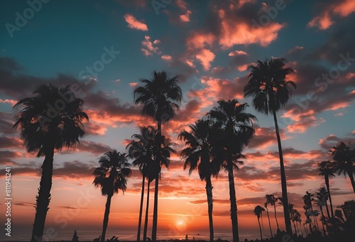 Tropical palm trees against a vibrant sunset sky in shades of pink and blue  AI-generated.