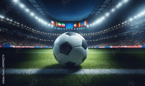 soccer ball in a stadium at night, photo realistic illustration