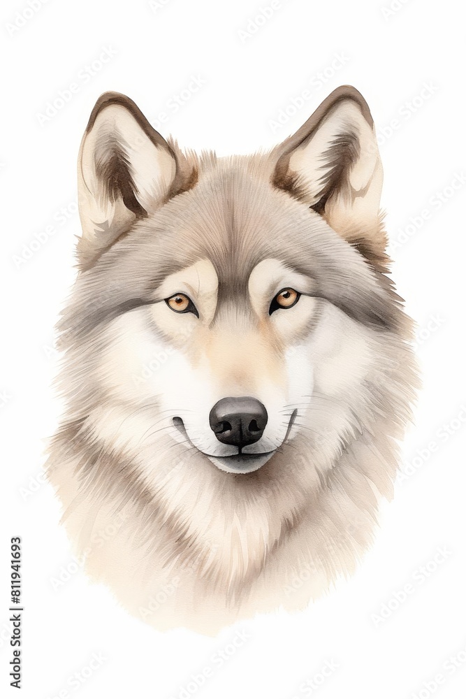 A beautiful watercolor painting of a wolf's face. The wolf is looking at the viewer with a gentle expression. The painting is done in muted colors, with a focus on the wolf's eyes.