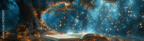 The magical fairytale book opened to reveal a captivating fantasy scene, depicting a fairy forest with a towering tree emanating a soft glow under the night sky.