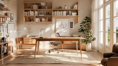 A sunlit Scandinavian-style home office featuring a spacious wooden desk  ergonomic chair  and extensive shelving filled with books and decor. Large windows allow natural light