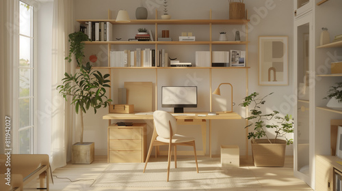 Sunny Home Office with Natural Wood Decor. Bright and airy home office setup featuring natural wood furniture, lush green plants, and a spacious, inspiring workspace.