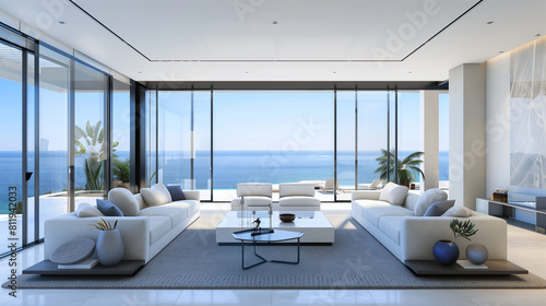 Luxurious Oceanfront Living Room in Modern Villa. Spacious and luxurious modern living room with floor-to-ceiling windows offering an unobstructed ocean view  styled with minimalist decor.