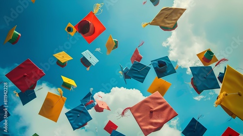 Colorful graduation caps are flying in the air.