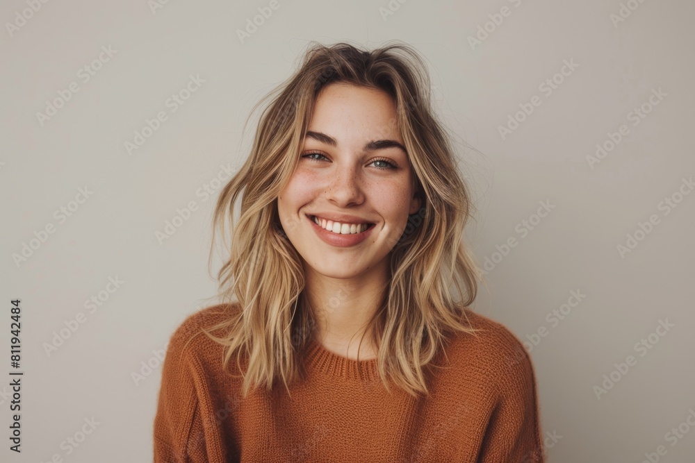 Obraz premium Happy young woman with blonde hair, smiling cheerfully at camera in casual outfit. Stunning female model posing with joy against white studio background