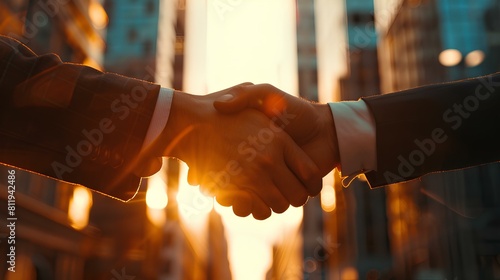 Two business people shaking hands in front of a sunset.