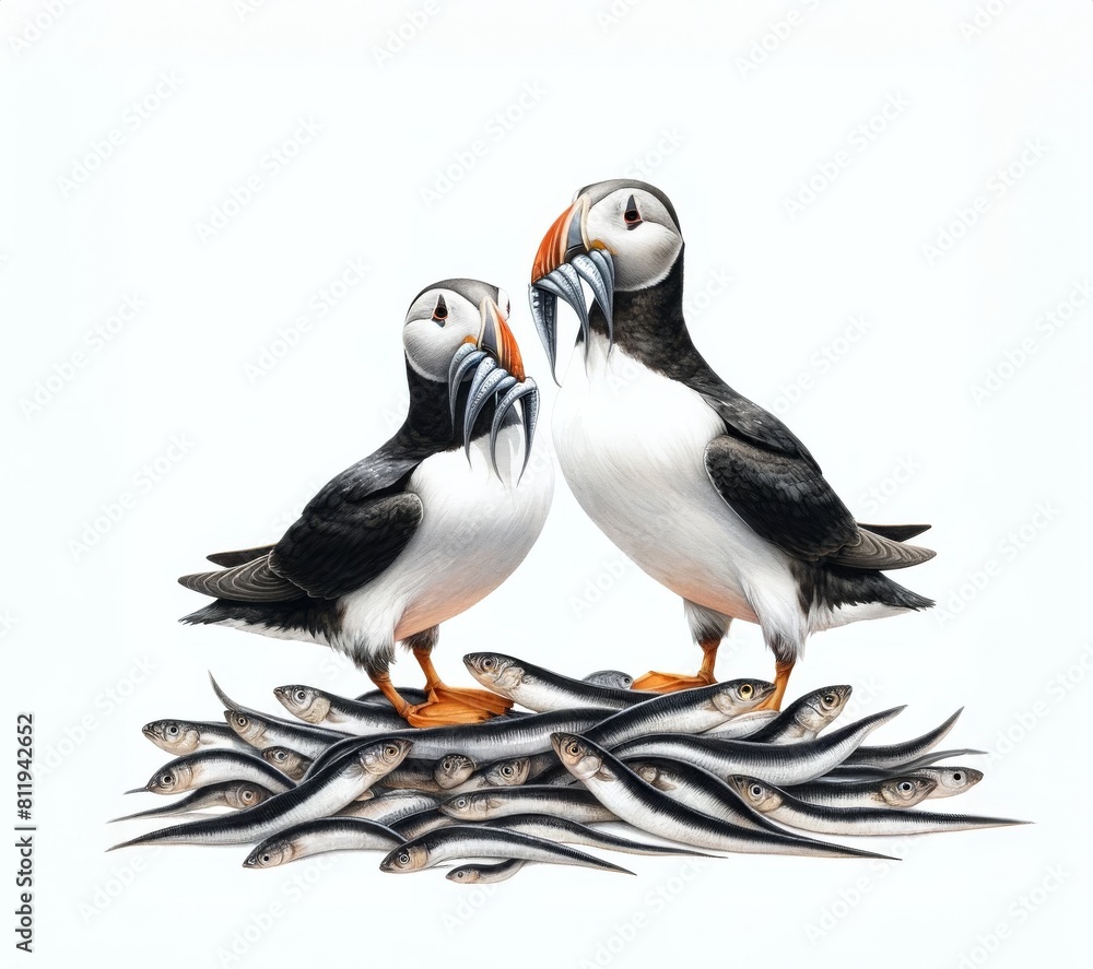 Fototapeta premium Watercolor illustration of two Atlantic puffins, each clutching a fish in its beak, standing atop a bed of lesser sand eels.