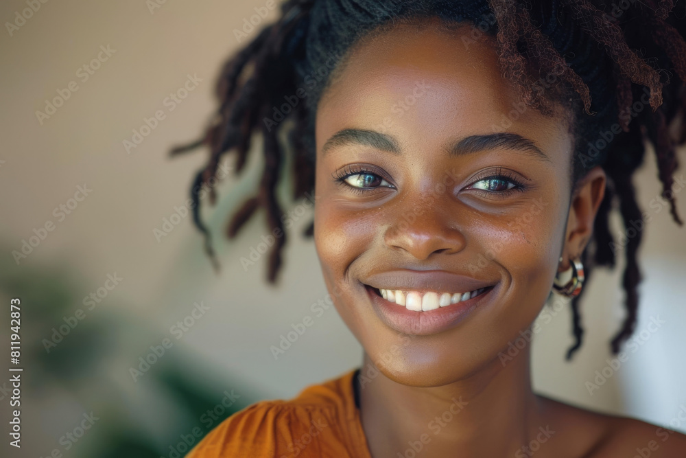 The joyful African girl is beaming with happiness in the close-up portrait, captured by an innovative Generative AI technology. The joyful African girl is beaming with happiness in the close-up portrait, captured by an innovative Generative AI technology.