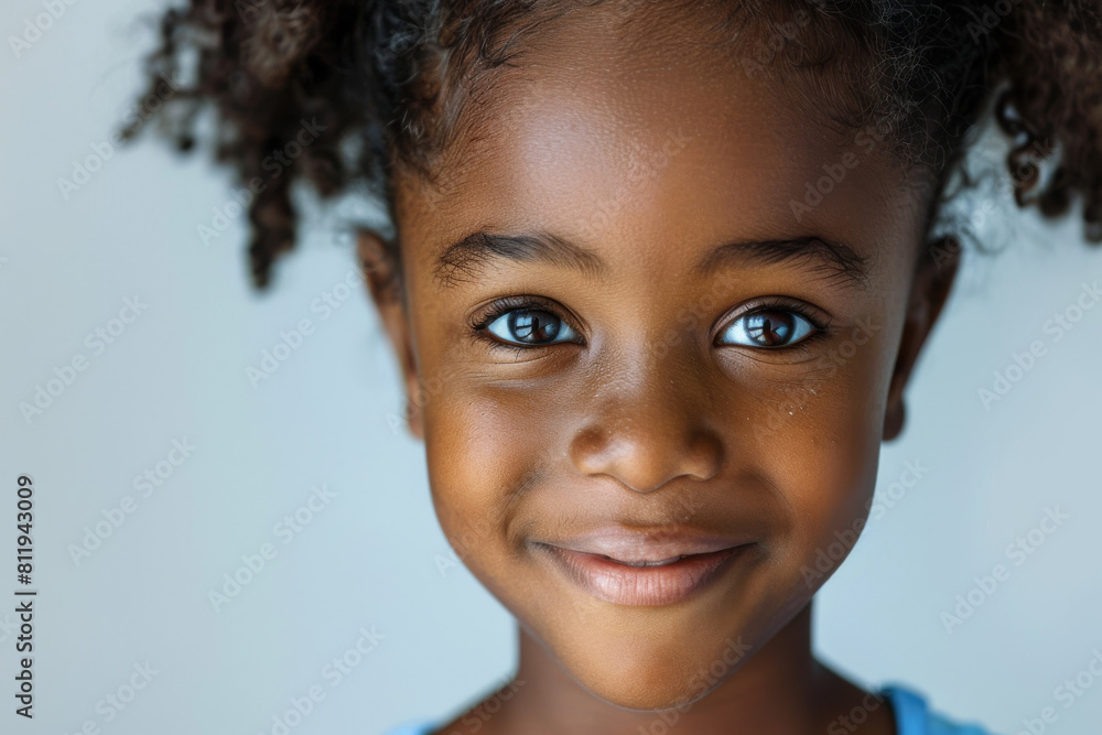 Capturing the joyful expression of a smiling African girl in a close-up portrait, using Generative AI technology. Capturing the joyful expression of a smiling African girl in a close-up portrait, using Generative AI technology.