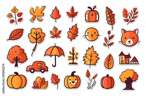 Collection of fall season elements perfect for card, poster, invitation, sticker: falling leaves, pumpkins, cute fox, cats and other. Colorful autumn set of icons. Hello autumn concept