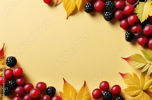 Bright autumn leaves and seasonal berries on yellow background. Greeting card with copy space for the text. Autumn is coming concept