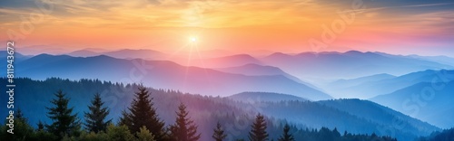 Sunrise in the mountains panoramic view amazing landscape beautiful. 