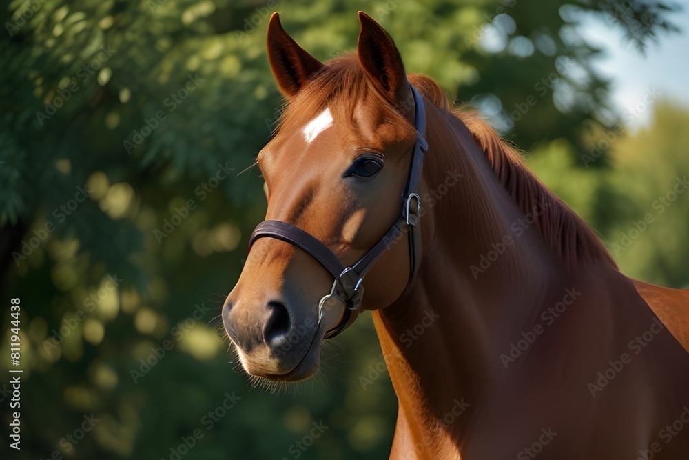 Fototapeta premium ull-height portrait of stunning chestnut budyonny gelding horse in brown bridle near green trees in daytime in sunlight