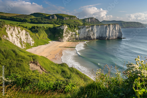 waterfall in the mountains, A beautiful, sun-drenched beach coast unfolds before your eyes, framed by majestic white cliffs and lush green valleys and meadows
