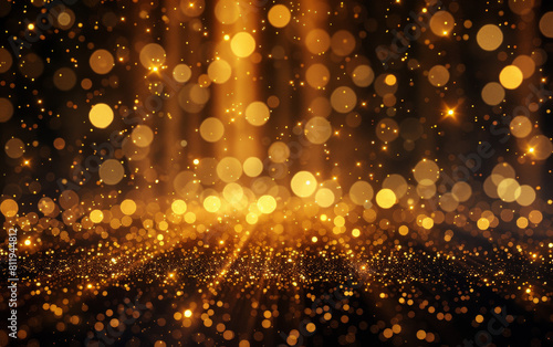 Create a chic gold backdrop featuring shimmering bokeh lights, imbuing the atmosphere with a touch of luxury and elegance, set on a stylish stage, courtesy of Generative AI.