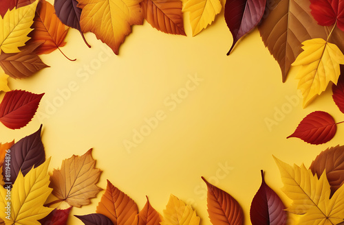 Bright autumn leaves on yellow background. Greeting card with copy space for the text. Autumn is coming concept