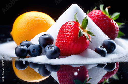 Fruits and berries with lots of white sugar on the plate. Healthy and unhealthy eating concept