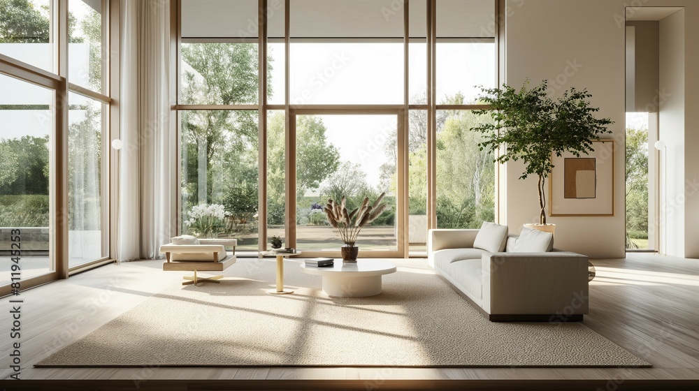 Frame mockup. High panoramic windows in minimalist style, modern furniture, stylish interior, delicate details, country house living room interior, 3D render Frame mockup. High panoramic windows in minimalist style, modern furniture, stylish interior, delicate details, country house living room interior, 3D render