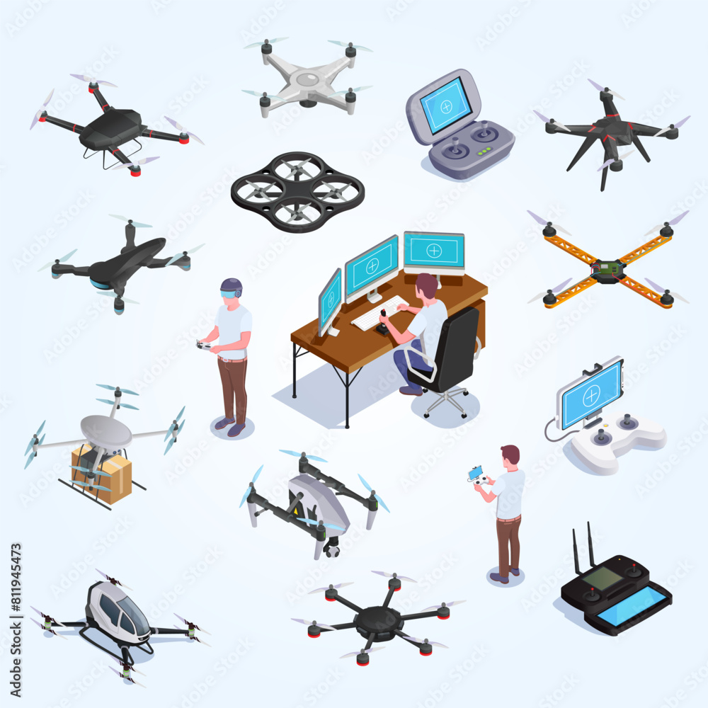Drones quadrocopters isometric set