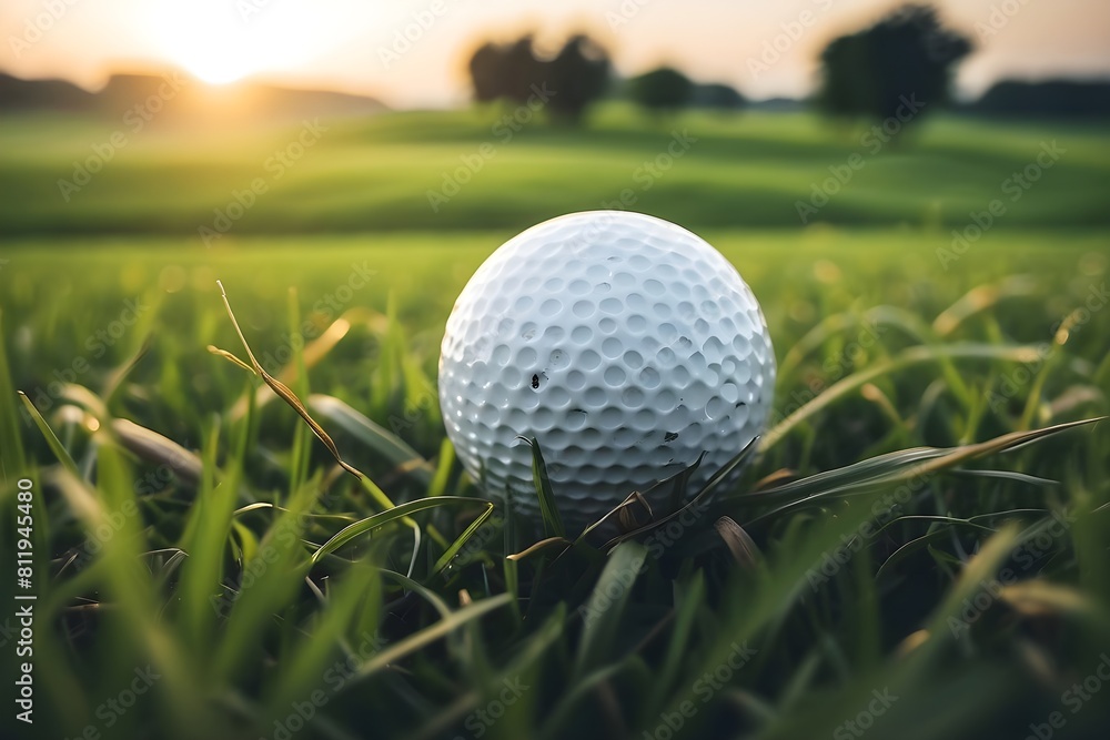 Golf Ball in Dewy Grass, Scenic Fairway, Sunrise Game Setting, Calm Outdoors, Focused Perspective Golf Ball in Dewy Grass, Scenic Fairway, Sunrise Game Setting, Calm Outdoors, Focused Perspective