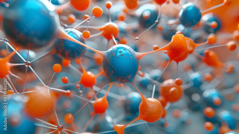 3D rendering of a molecular structure. Blue and orange spheres represent atoms, and the bonds between them are represented by lines. 3D rendering of a molecular structure. Blue and orange spheres represent atoms, and the bonds between them are represented by lines.