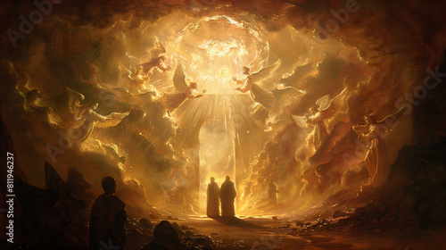 heaven's gate, Saint Francis and a young man stand before the gate, Inside, a celestial celebration with angels blowing trumpets in clouds, warm and holy, God's veiled light shines down from above