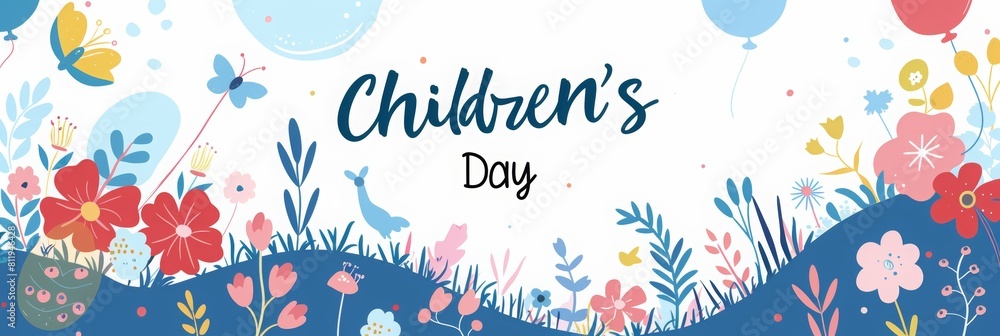 Naklejka premium Children's Day banner with balloons, flowers and grass in the style of cartoon. The text 