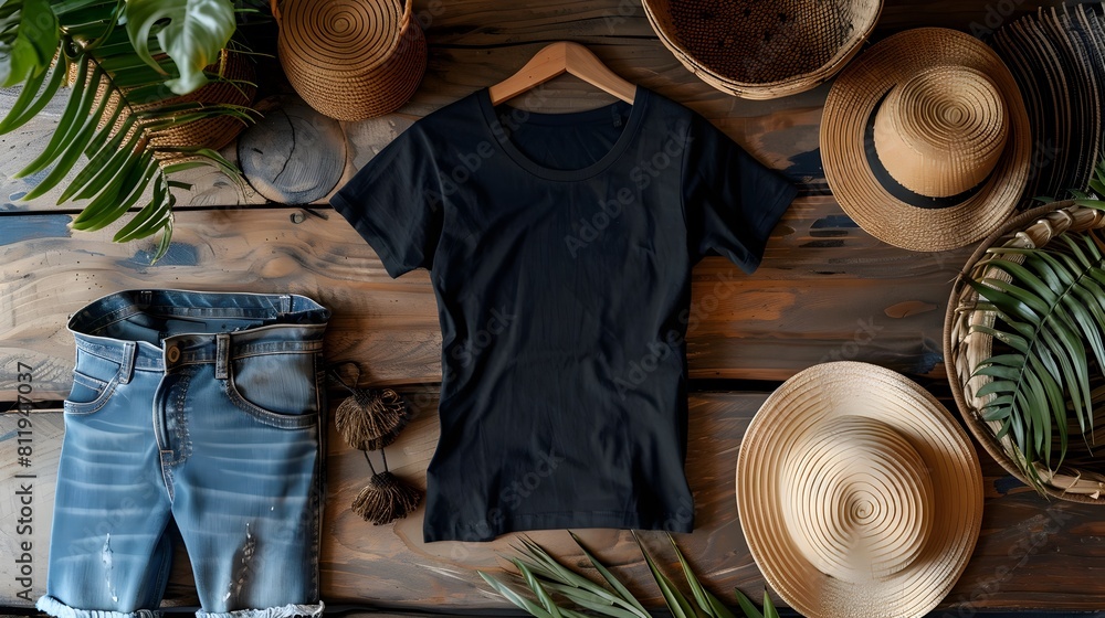 Cozy bohemian fashion display with textured wooden and natural accessories Cozy bohemian fashion display with textured wooden and natural accessories