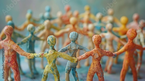 A group of colorful 3D printed people holding hands in a circle.