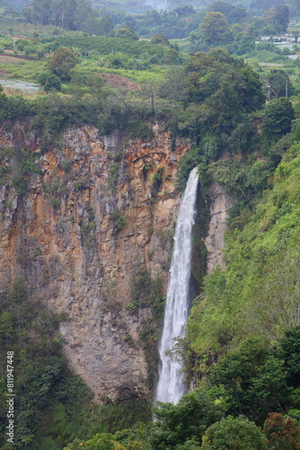 Sipisopiso waterfall at Tonging Village dropping to lake Toba, North Sumatra, Indonesia