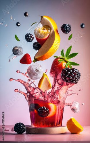 Food and beverage concept cold summer drink cocktail. Fresh berries, fruit juice and color & water splash background.