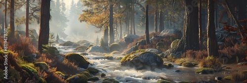 Morning sunlight forest stream ferns mystical mist-filled landscape illustration photo