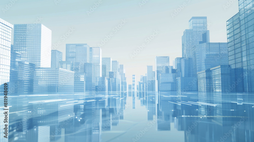 Naklejka premium Line-based translucent graphics with street scenery, block buildings, city center, Business center, smart city, future city, 