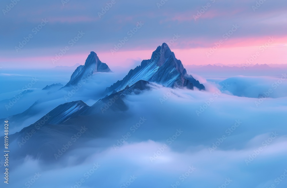 Fototapeta premium Photograph of two mountain peaks emerging from the clouds 