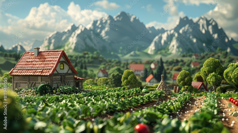 An image of a beautiful landscape with a house, mountains, and a field of strawberries. The image is very realistic and looks like a photograph. An image of a beautiful landscape with a house, mountains, and a field of strawberries. The image is very realistic and looks like a photograph.